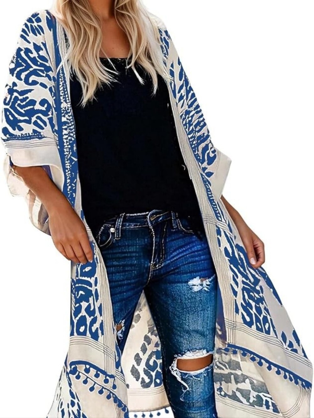 Blue & White Floral Printed Kimono Swim Beach Cruise Cover-Up Tassels ONE SIZE